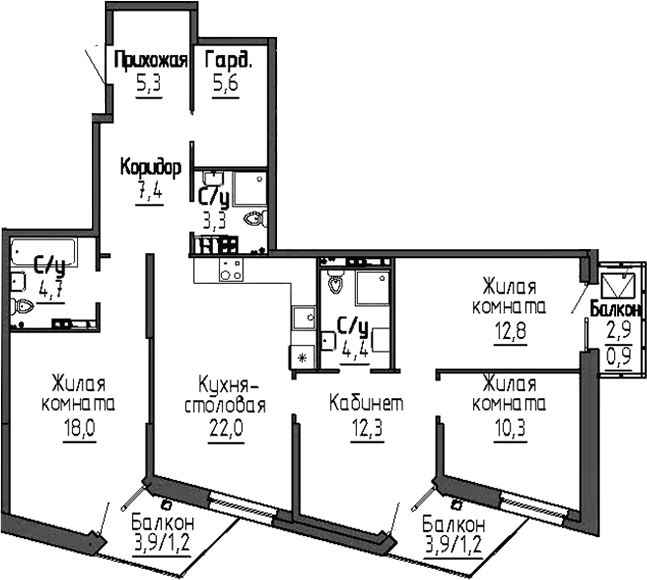 Планировка 4-к.кв, 109,4 м² в ЖК Зелёная горка