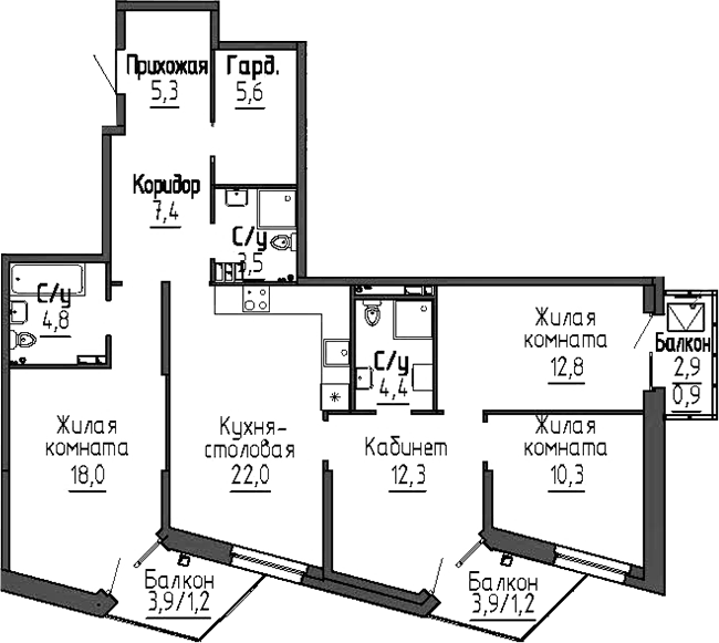Планировка 4-к.кв, 109,7 м² в ЖК Зелёная горка