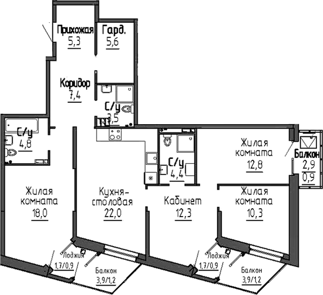 Планировка 4-к.кв, 111,5 м² в ЖК Зелёная горка