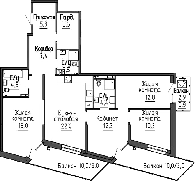 Планировка 4-к.кв, 113,3 м² в ЖК Зелёная горка