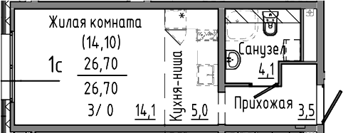 Планировка Студия, 26,7 м² в ЖК Зелёный остров