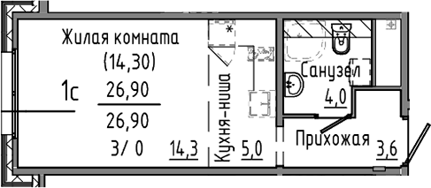 Планировка Студия, 26,9 м² в ЖК Зелёный остров