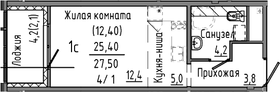 Планировка Студия, 27,5 м² в ЖК Зелёный остров