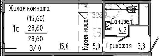 Планировка Студия, 28,6 м² в ЖК Зелёный остров