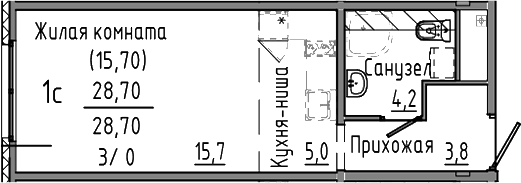 Планировка Студия, 28,7 м² в ЖК Зелёный остров