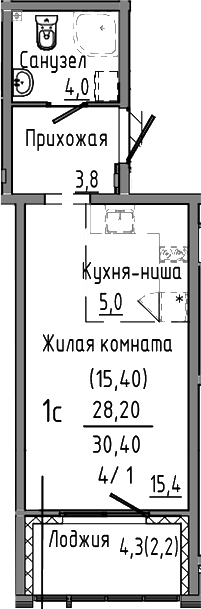 Планировка Студия, 30,4 м² в ЖК Зелёный остров