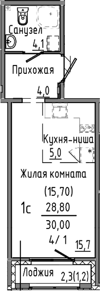 Планировка Студия, 30 м² в ЖК Зелёный остров