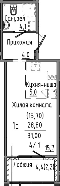 Планировка Студия, 31 м² в ЖК Зелёный остров