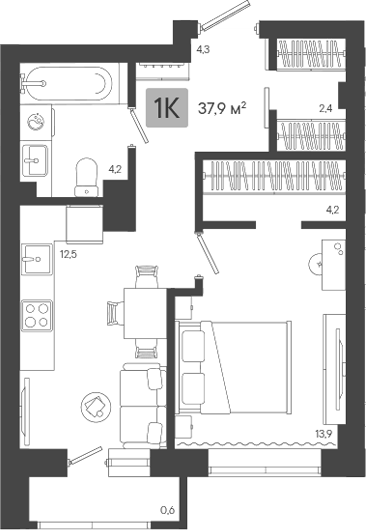 Планировка 1-к.кв, 37,85 м² в ЖК Жилой район ZORI