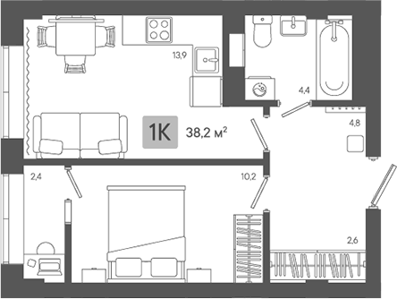 Планировка 1-к.кв, 38,19 м² в ЖК Жилой район ZORI