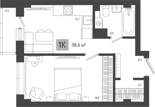 Планировка 1-к.кв, 38,57 м² в ЖК Жилой район ZORI