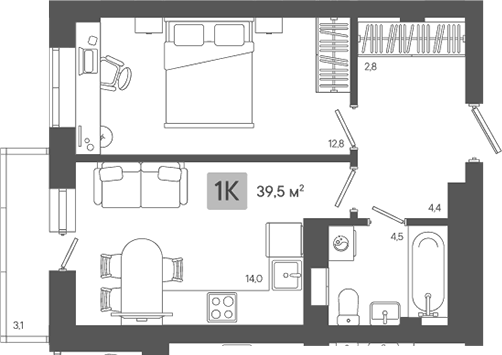 Планировка 1-к.кв, 39,5 м² в ЖК Жилой район ZORI