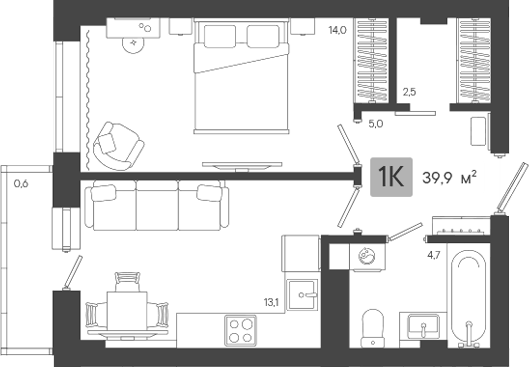Планировка 1-к.кв, 39,9 м² в ЖК Жилой район ZORI