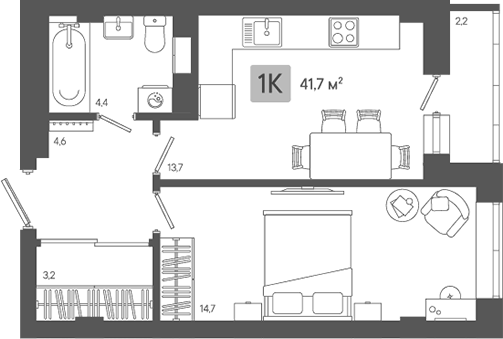 Планировка 1-к.кв, 41,65 м² в ЖК Жилой район ZORI