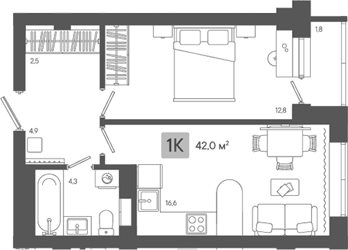 Планировка 2Е-к.кв, 41,98 м² в ЖК Жилой район ZORI