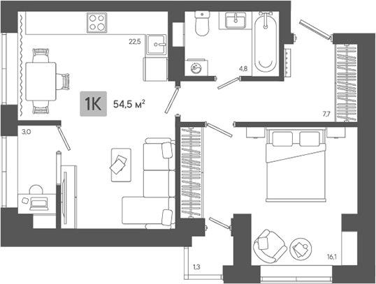Планировка евродвушка 54,49 м² в жилом районе ZORI, Берёзовский: рабочее место 3,0 м² с дверью и окном, спальня 16,1 м²