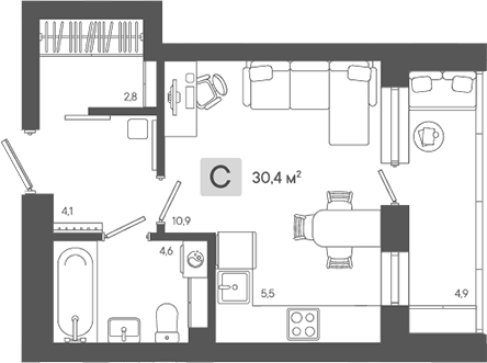 Планировка Студия, 30,37 м² в ЖК Жилой район ZORI
